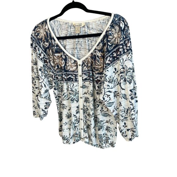 Lucky Brand Blue Tan Batik Boho Hippie Chic Peasant Top Size XSmall - Picture 7 of 9